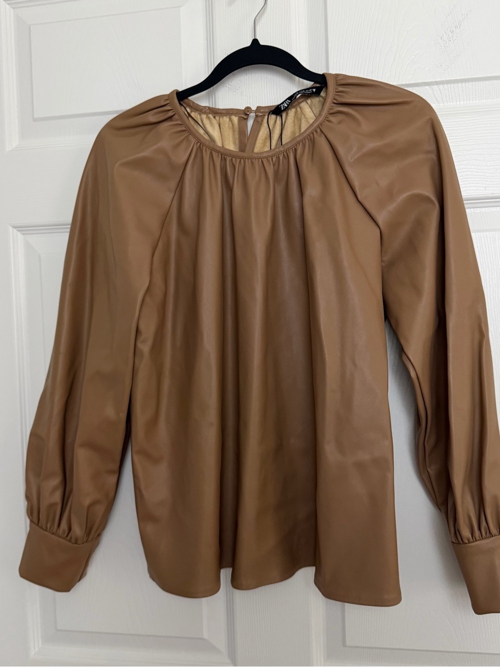 Zara Faux Leather Peasant Blouse - Camel